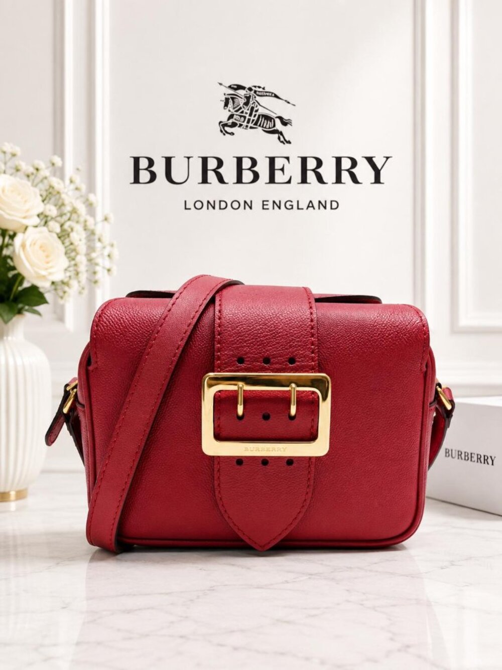Authentic Burberry Red Grain Leather Gold Buckle Camera Crossbody/Shoulder Bag